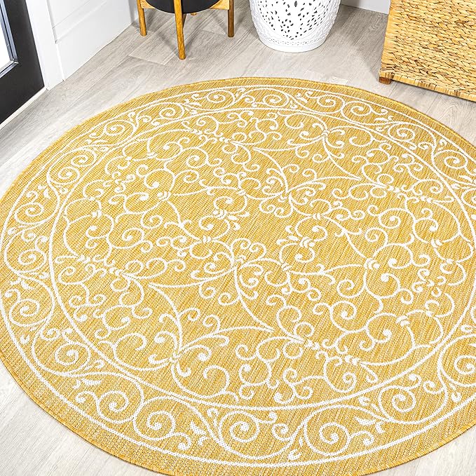 JONATHAN Y Vintage Filigree Indoor Outdoor Round Area Rug 5 Ft Yellow/Cream, Charleston Textured Weave for Backyard, Patio, Porch, Easy-Cleaning, High Traffic, Pet-Friendly, Non-Shedding (SMB106L-5R)