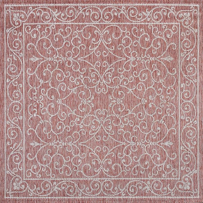 JONATHAN Y Vintage Filigree Indoor Outdoor Square Area Rug 9X9 Red/Beige, Charleston Textured Weave for Backyard, Patio, Porch, Easy-Cleaning, High Traffic, Pet-Friendly, Non-Shedding (SMB106B-9SQ)