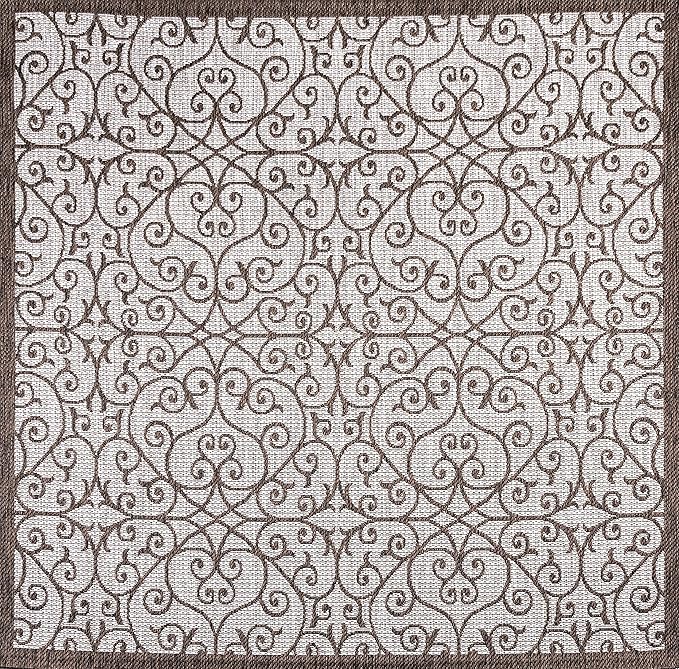JONATHAN Y Vintage Filigree Indoor Outdoor Square Area Rug 9X9 Taupe/Espresso, Madrid Textured Weave for Backyard, Patio, Porch, Easy-Cleaning, High Traffic, Pet-Friendly, Non-Shedding (SMB107C-9SQ)