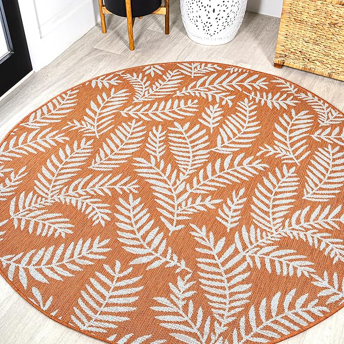 JONATHAN Y Palm Frond Indoor Outdoor Round Area Rug 5 Ft Orange/Cream, Nevis for Backyard, Patio, Porch, Easy-Cleaning, High Traffic, Pet-Friendly, Non-Shedding (SMB119E-5R)