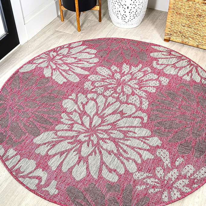 JONATHAN Y Floral Textured Weave Indoor Outdoor Round Area Rug 5 Ft Fuchsia/Light Gray, Zinnia Modern for Backyard, Patio, Porch, Easy-Cleaning, High Traffic, Pet-Friendly, Non-Shedding (SMB110F-5R)