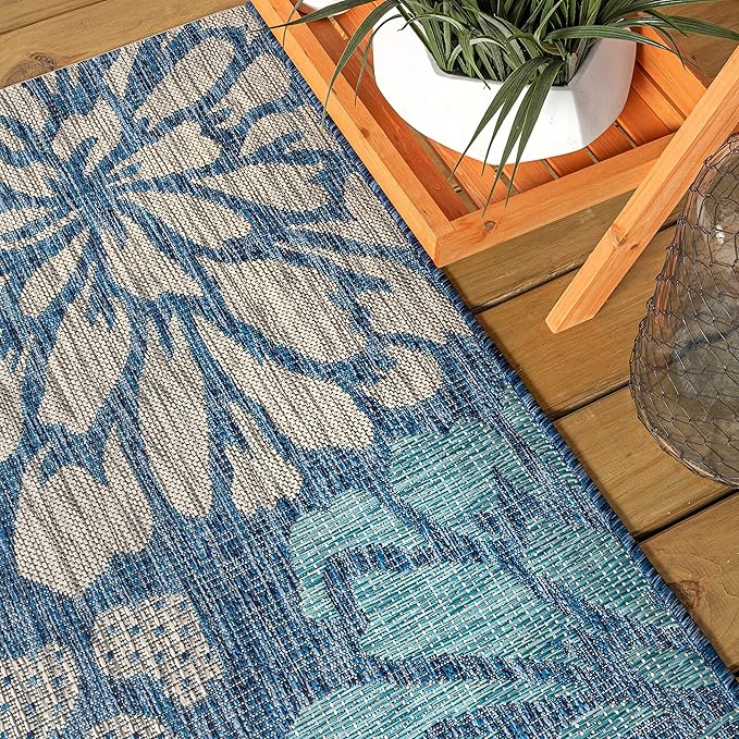 JONATHAN Y Floral Textured Weave Indoor Outdoor Round Area Rug 5 Ft Navy/Aqua, Zinnia Modern for Backyard, Patio, Porch, Easy-Cleaning, High Traffic, Pet-Friendly, Non-Shedding (SMB110C-5R)