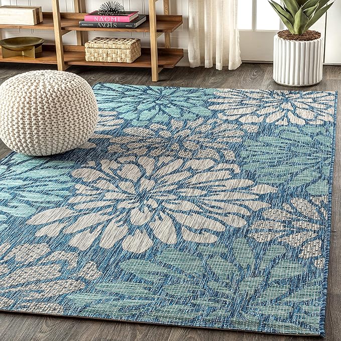 JONATHAN Y Floral Textured Weave Indoor Outdoor Area Rug 3X5 Navy/Aqua, Zinnia Modern for Backyard, Patio, Porch, Easy-Cleaning, High Traffic, Pet-Friendly, Non-Shedding (SMB110C-3)